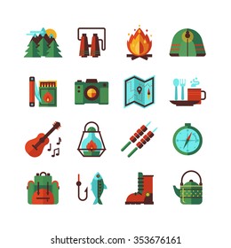 Camping hiking adventures accessories and attributes flat icons set with map compass and backpack abstract isolated vector illustration