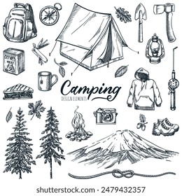 Camping, Wanderabenteuer Design-Elemente Set. Vektorgrafik handgezeichnete Skizzenzeichnung. Camp Outdoor Reisesymbole isoliert auf weißem Hintergrund