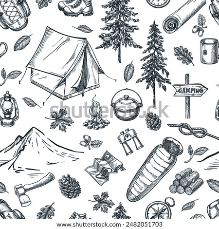 Camping, hiking adventures seamless pattern. Vector hand drawn sketch illustration. Camp outdoor travel background. Fashion textile print, fabric, wrapping paper design