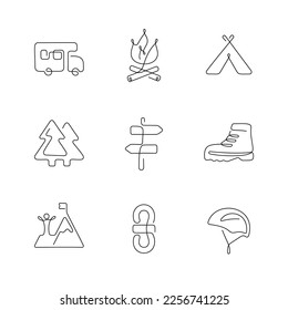 Camping and hiking artistic style continuous line icons. Editable stroke.