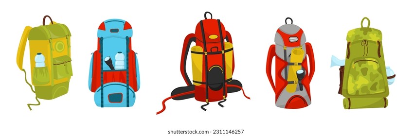 Camping or Hiking Backpack with Equipment and Gear Vector Set