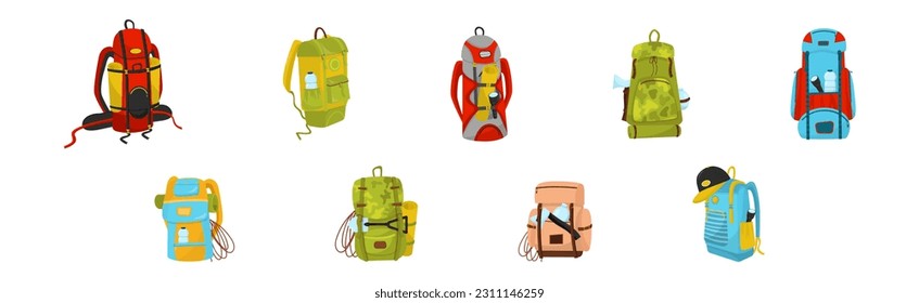 Camping or Hiking Backpack with Equipment and Gear Vector Set
