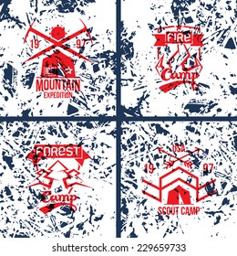 Camping and hiking badges and ice textures. Graphics design for t-shirt. Texture tracing with own original photos
