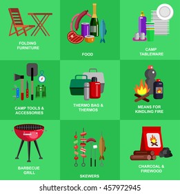 Camping, Hiking and barbecue object and picnic icons, flat illustration