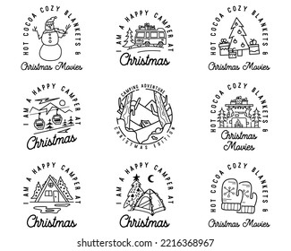 Camping and hiking christmas badges set in line art style. Travel t shirt graphics with winter landscape, holidays elements. Stock vector logo label with quotes - happy camper at Christmas