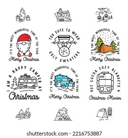 Camping and hiking christmas badges set in line art style. Travel t shirt graphics with winter landscape, holidays elements. Stock vector logo with quotes - hot cocoa cozy blankets Christmas movies