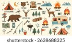 Camping and hiking colored elements. Outdoor adventure emblems. Tourist tent, forest, camp, trees and wild animals. For Camp badges, labels, banners, brochures. Doodle vector illustration
