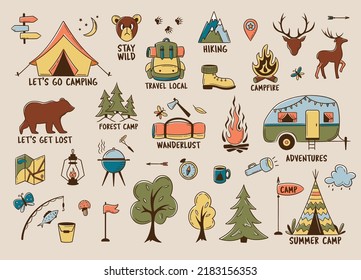 Camping And Hiking Colored Elements. Outdoor Adventure Emblems. Tourist Tent, Forest, Camp, Trees And Wild Animals. For Camp Badges, Labels, Banners, Brochures. Doodle Vector Illustration.