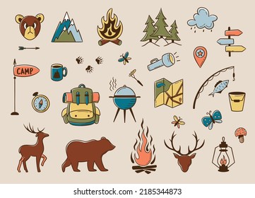 Camping and hiking colored elements. Outdoor adventure emblems. National Park icons. Forest, backpack, flags, wild animals. For Camp badges, labels, banners, brochures. Doodle vector illustration.