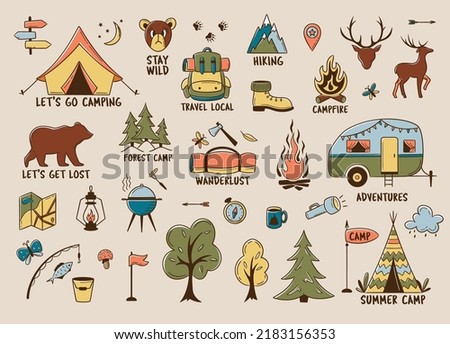 Camping and hiking colored elements. Outdoor adventure emblems. Tourist tent, forest, camp, trees and wild animals. For Camp badges, labels, banners, brochures. Doodle vector illustration.