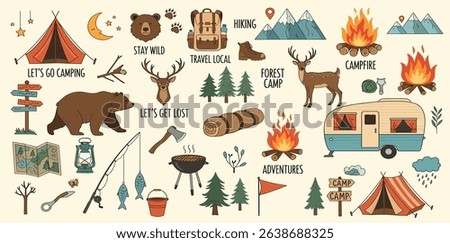 Camping and hiking colored elements. Outdoor adventure emblems. Tourist tent, forest, camp, trees and wild animals. For Camp badges, labels, banners, brochures. Doodle vector illustration