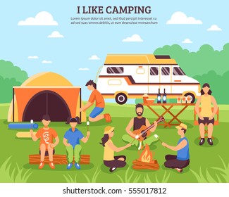 Camping and hiking composition with group of young people flat characters during outdoor recreation summer travel vector illustration