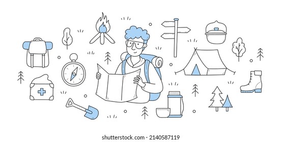Camping and hiking doodle concept. Tourist with rucksack holding map searching route in forest. Compass, spade, tent, first aid kit, cauldron, boots, vacuum flask, campfire Line art vector signs