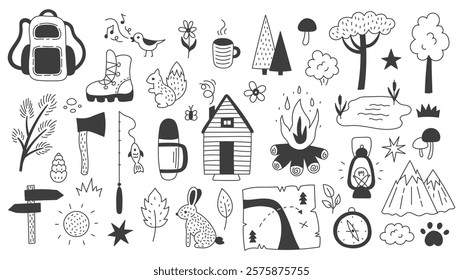 Camping and Hiking Doodle Set. Hand drawn outline vector illustrations collection of wildlife animals woodland symbols forest mountains cabin fishing and campfire elements.