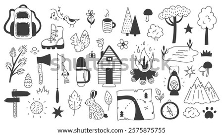 Camping and Hiking Doodle Set. Hand drawn outline vector illustrations collection of wildlife animals woodland symbols forest mountains cabin fishing and campfire elements.