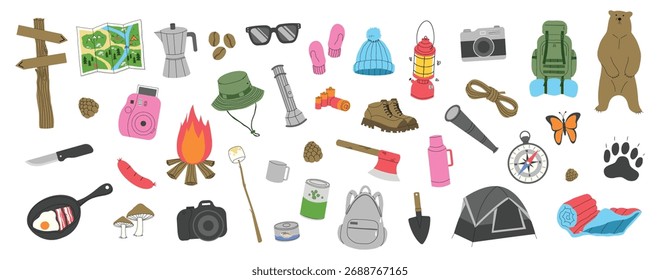 Camping y senderismo Elementos colección sobre un fondo blanco, Ilustración vectorial.