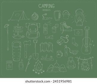 Camping and hiking elements in doodle style on green eco background. Vector illustration.