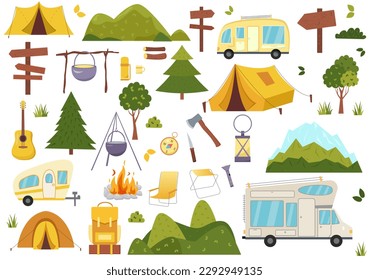 Camping and hiking elements. Forest hike icon set.Wanderlust scout adventure icons.