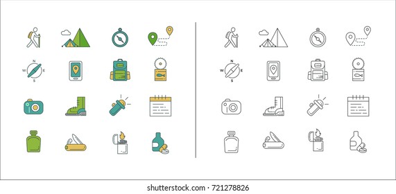 camping and hiking elements icon vector design concept. hiking flat style with thin line art icons mountain, compass, hike, forest, knife, flashlight, food and drug. Editable stroke