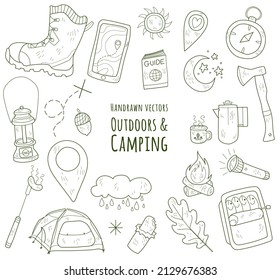 Camping and hiking elements, isolated on white background. Hand drawn camp icons. Background full of icons for summer camp signs and posters. Outdoor living. Outlined vector illustrations.