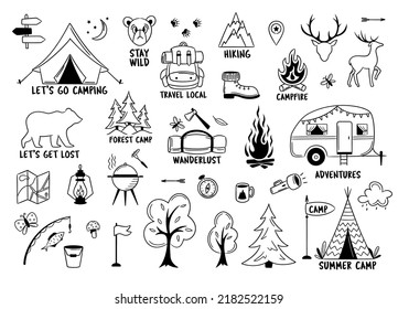 Camping and hiking elements isolated on white. Outdoor adventure emblems. Tourist tent, forest, camp, trees and wild animals. For Camp badges, labels, banners, brochures. Outlined vector illustration.