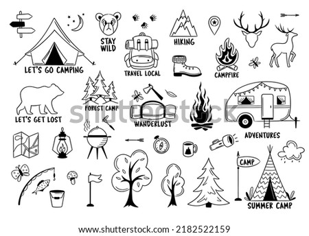 Camping and hiking elements isolated on white. Outdoor adventure emblems. Tourist tent, forest, camp, trees and wild animals. For Camp badges, labels, banners, brochures. Outlined vector illustration.