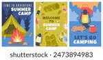 Camping and hiking elements. Traveling advertising, trip to nature, survival in forest, tourism and picnic equipment posters, journey banner, cartoon flat style isolated vector cards set