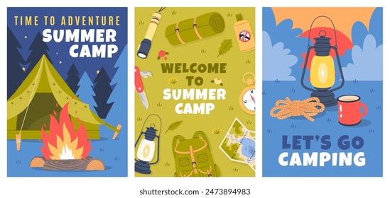 Camping and hiking elements. Traveling advertising, trip to nature, survival in forest, tourism and picnic equipment posters, journey banner, cartoon flat style isolated vector cards set