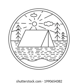 Camping or hiking emblem, print with tent in forest. Landscape in simple line style for branding design, trip or tourism icon. Camp in park, woodland, wilderness, forest near riverside. Ecotourism.