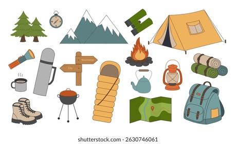Camping and hiking equipment clipart set. Campfire, bag, lantern, binoculars, tent, compass. Tourism, hiking and travel stickers. Vector illustration