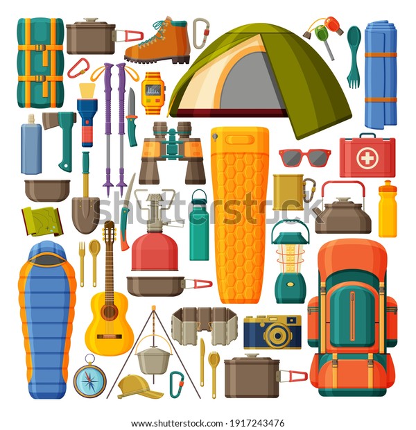 Camping and Hiking Equipment. Collection with\
tent, backpack sleeping bag and\
pad