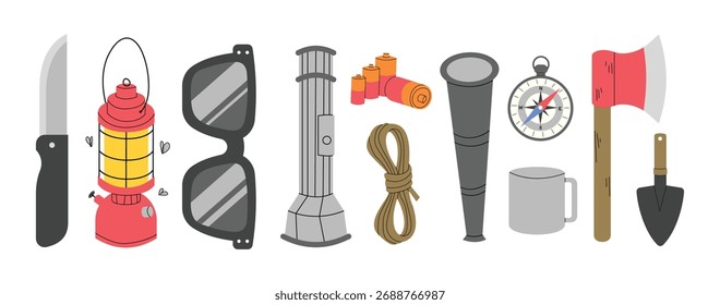 Elementos de equipo de camping y senderismo establecidos 1 sobre un fondo blanco, Ilustración vectorial.