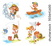Camping, hiking equipment, fishing, kayaking, rock climbing, study of wildlife, to catch a butterfly with the help of a net. Vector illustration. Funny cartoon character. Isolated on white background