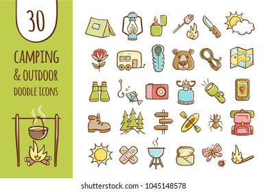 Camping and hiking equipment icons. Collection of 30 forest and camping elements in hand drawn style. Vector isolated on white background.