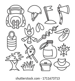 camping and hiking equipment icons line theme