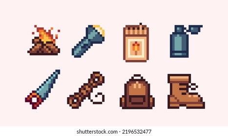 Camping, hiking equipment pixel art set. Tourist, travel symbols collection. 8 bit sprite. Game development, mobile app.  Isolated vector illustration.