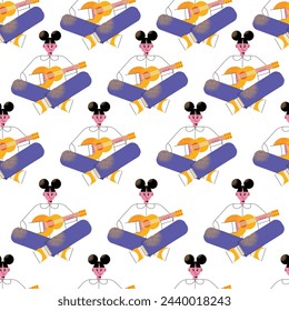 Camping and hiking equipment seamless pattern. Adventure, trekking kit, tourists tools. Tent, backpack, picnic table, food, guitar, camera and fire. Flat vector illustrations isolated on background