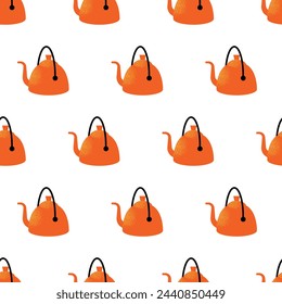 Camping and hiking equipment seamless pattern. Adventure, trekking kit, tourists tools. Tent, backpack, picnic table, food, guitar, camera and fire. Flat vector illustrations isolated on background