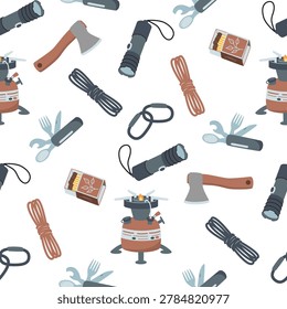 Camping and hiking equipment seamless pattern with primus, matches, rope, carabiner, penknife, axe. Cartoon objects on a white background. Travel and wildlife exploration concept. Vector illustration.
