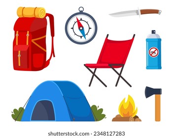Camping and hiking equipment set. Big collection of elements or icons for Sports, adventures in nature, recreation and tourism concept design. Vector illustration