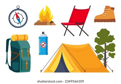 Equipo de camping y senderismo. Gran colección de elementos o íconos para el Deporte, aventuras en la naturaleza, recreación y diseño de concepto turístico. Ilustración del vector