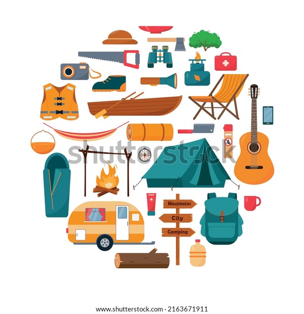 Camping or hiking equipment set in circle.\
Big collection of camping tools icons isolated on white background.\
Sports, adventures in nature, recreation and tourism concept\
design. Vector\
illustration.