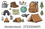 Camping and hiking equipment set includes a tent and backpack with boots and navigation tools for an outdoor mountain adventure.