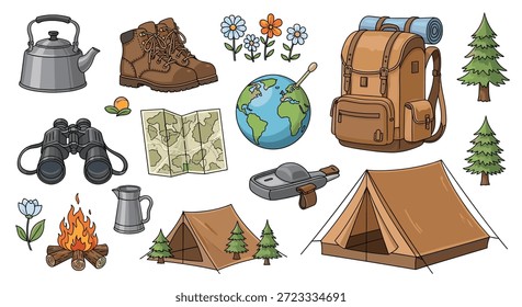 Camping and hiking equipment set includes a tent and backpack with boots and navigation tools for an outdoor mountain adventure.