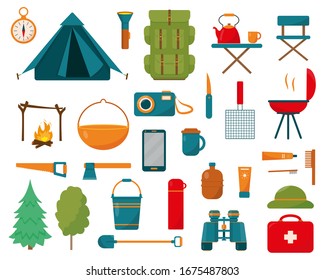 Camping and hiking equipment set on white background. Big collection of elements or icons for camping concept design. Vector illustration.