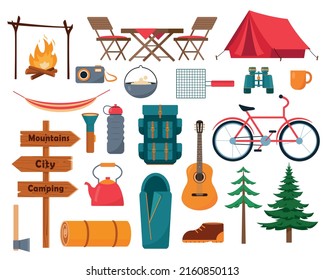 Camping and hiking equipment set on white background. Big collection of elements or icons for Sports, adventures in nature, recreation and tourism concept design. Vector illustration.