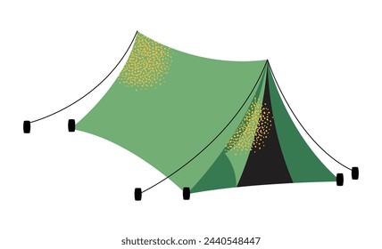 Camping and hiking equipment, supplies set. Adventure, trekking kit, tourists tools. Tent, backpack, picnic table, food, guitar, camera and fire. Flat vector illustrations isolated on white background