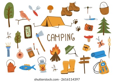 Camping and hiking equipment, supplies set. Adventure, trekking kit, tourists tools. Tent, backpack, tools, camera and fire. Flat vector illustrations isolated on white background