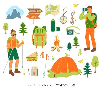 Camping, hiking equipment for trekking tourists vector illustration set. Travel tools collection for survival in wild, tent, backpack, compass, food, campfire isolated on white.