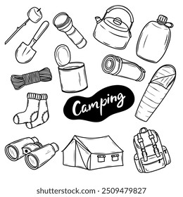 Camping and Hiking equipment vector outline set. Binoculars, barbecue, lantern, shoes, tent, canned food. Camp gear and accessories. Camping, outdoor hike icon set